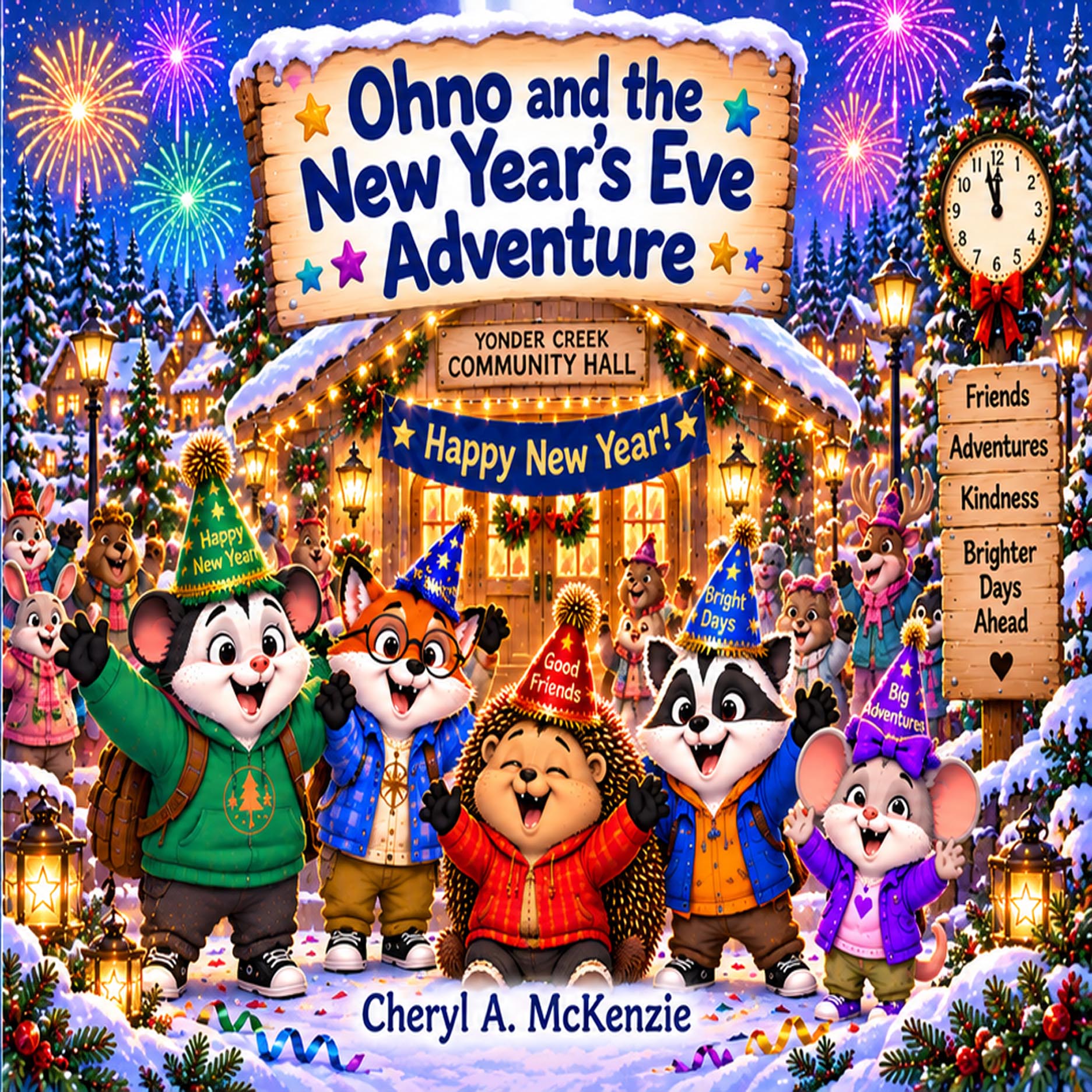 Cover of Ohno and the New Year's Eve Adventure – Ohno the Opossum holiday children's book by Cheryl A. McKenzie